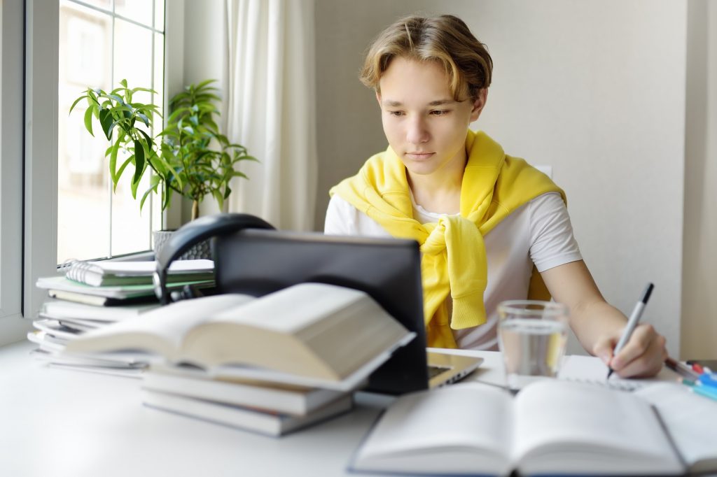 Teenager boy study at home. Online education and distance learning for children